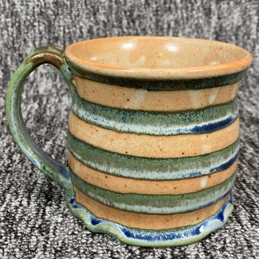 Studio Pottery Striped Coffee Mug Medium Tan Green Blue Scalloped Artisan Signed